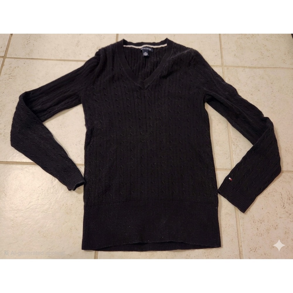 Tommy Hilfiger Womens Navy Black Cable‎ Knit V-Neck Sweater Size Large L/G